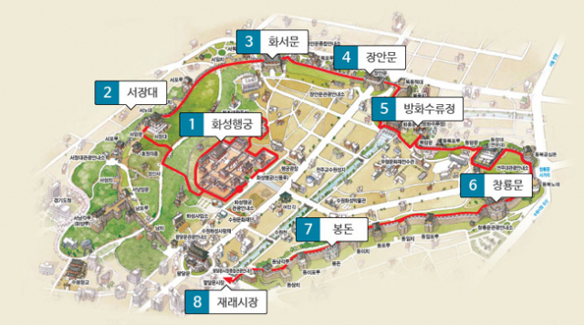 수원화성 팔달문에서 출발해 서장대를 지나 화서문, 장안문, 방화수류정, 창룡문, 봉돈을 돌아 팔달문에 위치한 재래시장을 둘러보는 3시간 코스.