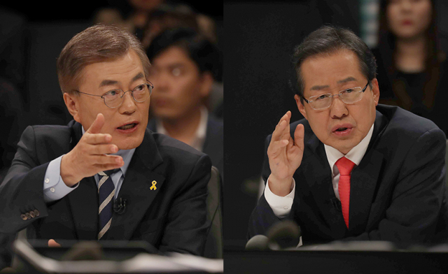 25일 JTBC와 중앙일보, 한국정치학회가 공동 주최한 대선후보 4차 TV토론회에서 홍준표 후보가 문재인 후보에게 
