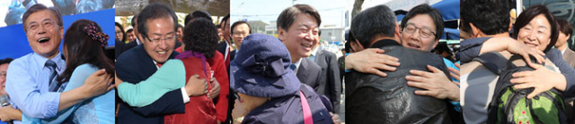 장미 대선이 하루 앞으로 다가왔다. 그동안 전국을 돌며 한 표를 호소하던 후보들은 막바지 총력전을 펴고 있다. 진정으로 국민을 품을 후보는 누구일지 이제 유권자의 선택만 남았다. 왼쪽부터 기호순으로 문재인 더불어민주당 후보, 홍준표 자유한국당 후보, 안철수 국민의당 후보, 유승민 바른정당 후보, 심상정 정의당 후보. 연합뉴스