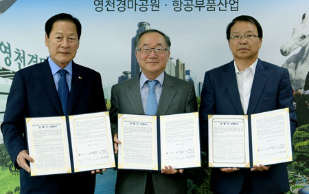 영천시와 엘리먼트식스(주) 및 경북하이브리드부품연구원이 16일 탄소복합재 산업 육성을 위한 업무협약을 했다. 영천시 제공