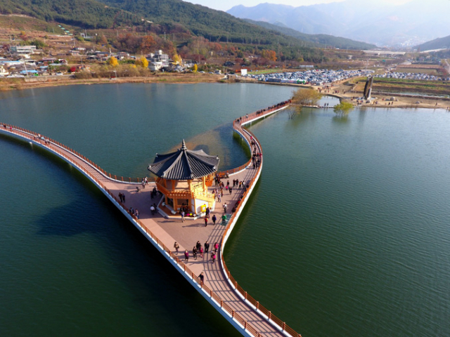 화원 까치봉~함박산 코스는 소나무숲이 우거져 초여름 신록 산행지로 제격이다. 하산길에 만난 송해공원 풍경. 달성군 제공