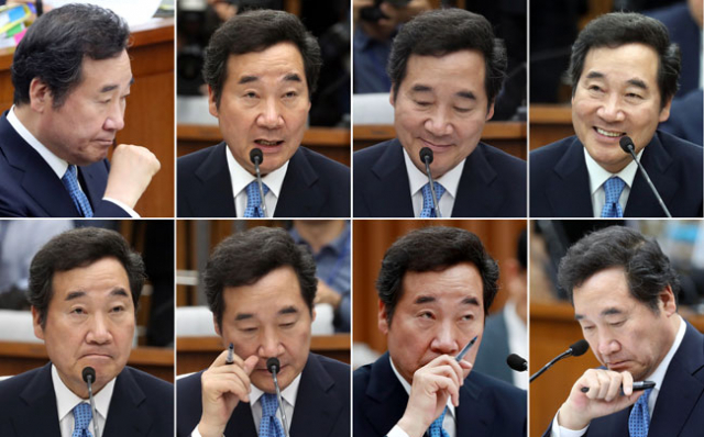 이낙연 국무총리 후보자가 24일 오전 국회에서 열린 인사청문회에서 여야 위원들의 질문에 다양한 표정으로 답하고 있다. 연합뉴스