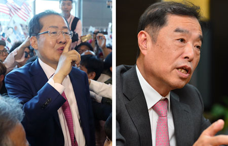 자유한국당 당권 주자로 대선 후보였던 홍준표(왼쪽) 전 경남지사가 유력하게 거론되고 있는 가운데 지역출신인 김병준 전 국무총리 내정자도 원외 인사로 러브콜을 받아 고심 중인 것으로 알려졌다. 연합뉴스