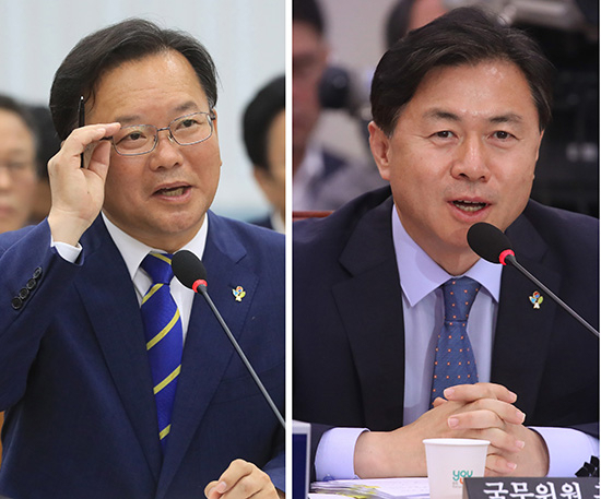김부겸 행정자치부 장관 후보자(왼쪽부터), 김영춘 해양수산부 장관 후보자가 14일 국회에서 열린 인사청문회에서 여유로운 모습을 보이고 있다. 연합뉴스