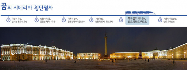 상트페테르부르크의 상징인 궁전광장의 아름다운 야경과 겨울궁전인 에르미타주박물관(왼쪽).