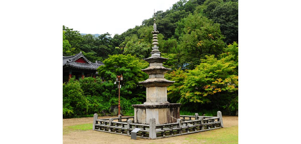 구미 선산의 낙동강변 원동마을 강락사(江洛寺) 터에 있던 삼층석탑은 일제강점기에 선산군청으로 옮겨진 후 다시 김천 직지사로 옮겨져 청풍료(성보박물관) 앞에 세워져 있다. 보물 제1186호로 지정된 직지사 삼층석탑은 불국사 석가탑과 거의 비슷한 형상이지만 좀 더 갸름하고 날씬한 형태이다.