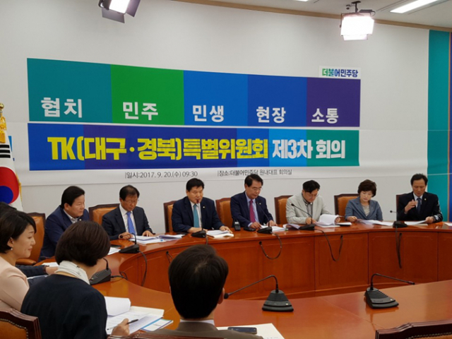 더불어민주당 대구경북 특별위원회가 20일 오전 국회 민주당 원내대표실에서 제3차 회의를 열고 안건을 논의하고 있다. 민주당 대구경북 특별위원회 제공