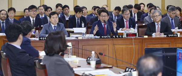 23일 대구시청에서 열린 대구시에 대한 국회 행정안전위원회 국정감사에서 권영진(가운데) 대구시장이 의원들의 질의에 답변하고 있다. 성일권 기자 sungig@msnet.co.kr