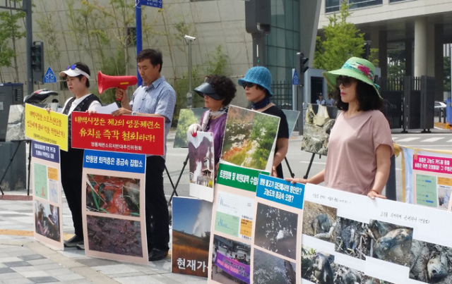 환경단체들이 환경부를 찾아 안동댐 상류 오염은 낙동강 상류에서 흘러들어오는 중금속과 독극물이 원인이라고 주장하고 있다. 매일신문 DB