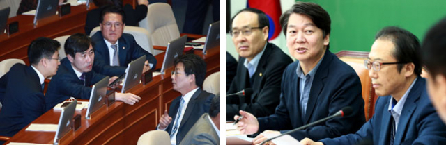 거대 양당 사이에서 존재감을 과시해 온 원내 제3, 4당인 국민의당과 바른정당이 정체성과 노선을 두고 심각한 내부 갈등을 빚고 있다. 최근 국회 본회의장에서 열린 전체회의에 참석해 같은 당 의원들과 논의하고 있는 유승민(왼쪽 사진 오른쪽) 바른정당 국회의원과 12일 오후 국회 당대표실에서 열린 제2창당위원회 인재영입분과위원회 전체회의에 참석해 발언하고 안철수(오른쪽 사진 가운데) 국민의당 대표. 연합뉴스