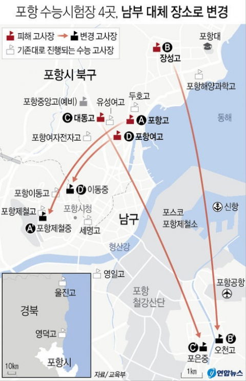 정부가 지진 피해를 본 포항지역 4개 대학수학능력시험 고사장을 포항 남부지역으로 옮기기로 했다. 강한 여진이 발생할 것에 대비해 경북 영천 등 인근 지역에 예비시험장도 마련한다. 연합뉴스