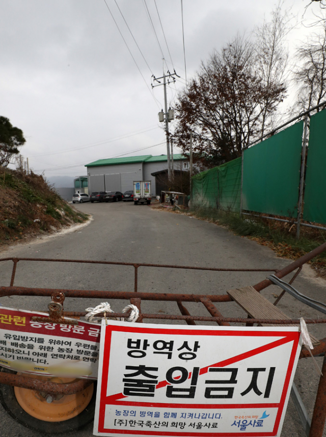 전북 고창서 고병원성 조류인플루엔자(AI)가 발생해 전국 가금류에 대해 48시간 이동 금지 조치가 내려진 20일 오후 강원 춘천시 한 산란계 농장 입구에 출입 제한 안내문이 붙어 있다.