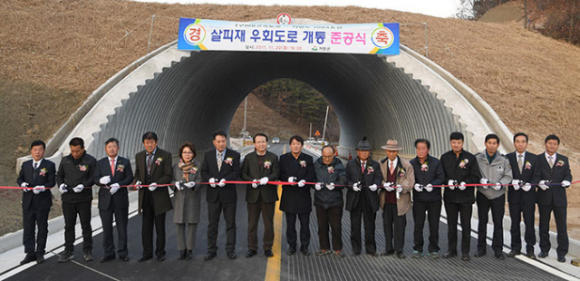 거창군은 지역주민 200여 명이 참석한 가운데 지방도 1084호선과 88고속도로 폐도를 연결해 임시 개통한 도로 준공식을 했다. 거창군 제공