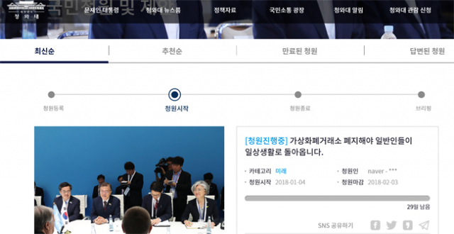 4일 청와대 홈페이지에 올라온 가상화폐 거래소 폐지 청원글. 청와대 홈페이지 캡처