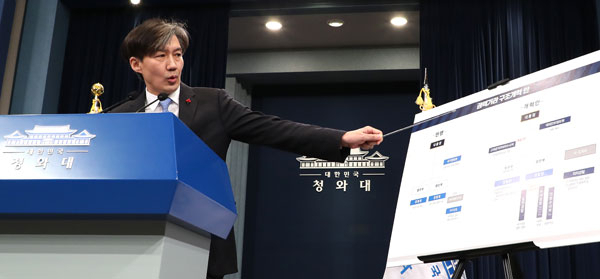 조국 청와대 민정수석이 14일 오후 춘추관 대브리핑실에서 현 정부의 국정원, 검찰, 경찰 등 권력기관 개혁 방안을 발표하고 있다. 연합뉴스