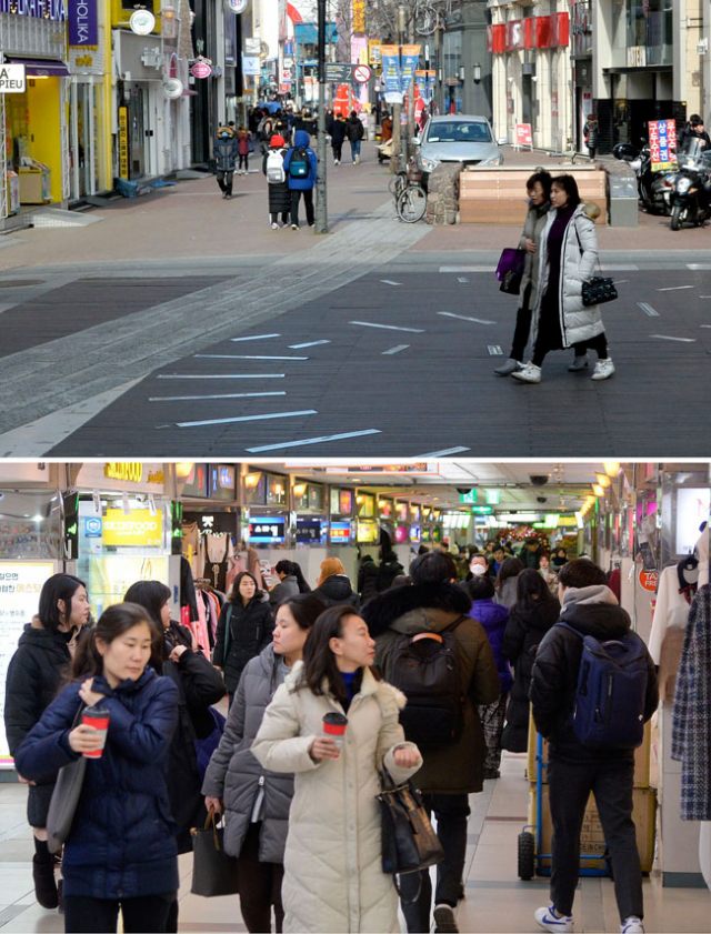 25일 강추위로 대구 동성로 거리가 한산하다(위). 반면 지하상가는 인파로 붐비고 있다. 우태욱 기자