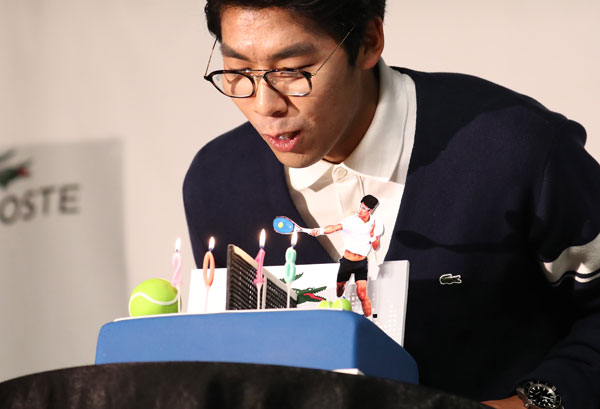 테니스 호주오픈 4강 기적의 주인공 정현이 2일 라코스테 주최로 열린 기자간담회에서 인터뷰를 하고 있다. 연합뉴스