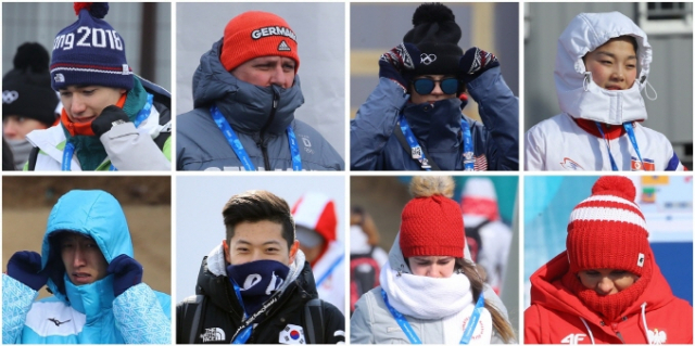 평창동계올림픽이 열리는 강원 평창과 강릉 일대 기온이 크게 떨어진 4일 강릉선수촌에서 각국 선수들이 털모자와 목도리로 얼굴을 감싼 채 국기광장을 오가고 있다. 윗줄 왼쪽부터 헝가리, 독일, 미국, 북한. 아랫줄 왼쪽부터 카자흐스탄, 대한민국, 러시아, 폴란드 선수. 연합뉴스