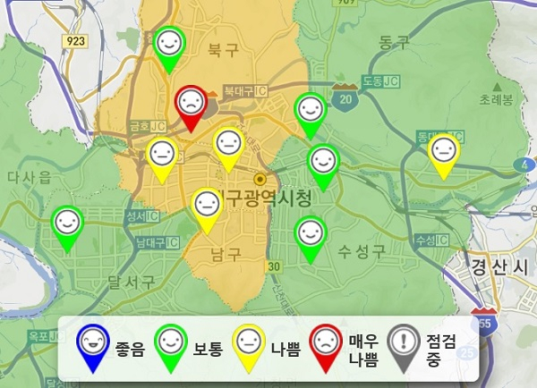 14일 오전 11시 기준 대구 미세먼지 농도. 대구시 실시간 대기정보 시스템