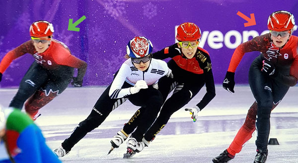 국제빙상경기연맹이 22일(한국시각) 홈페이지를 통해 지난 20일 나온 2018 평창동계올림픽 쇼트트랙 여자 3,000m 계주 캐나다의 실격 사유를 설명했다. 사진을 보면 경기에 뛰지 않는 캐나다 선수(빨간색 화살표)가 결승선에 들어가는 한국 최민정과 중국 판커신의 진로를 방해하고 있다. 레이스에 뛰는 캐나다 선수(녹색 화살표)는 따로 있다.