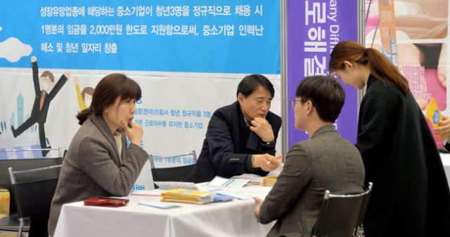 27일 대구 엑스코에서 열린 2018 기업애로해결 및 채용박람회장을 찾은 한 구직자가 청년 추가고용 장려금 상담을 받고 있다. 김영진 기자 kyjmaeil@msnet.co.kr