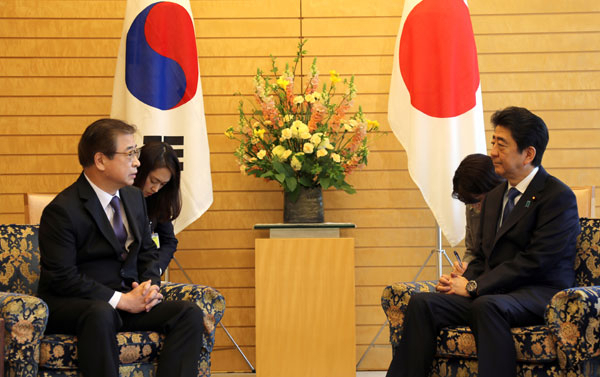 13일 서훈(왼쪽) 국정원장이 도쿄 총리 공관에서 아베 신조(安倍晋三) 일본 총리에게 남북