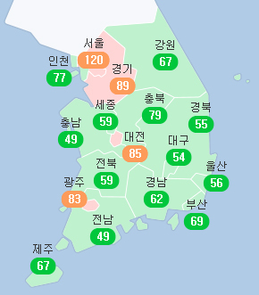 26일 오전 7시 기준 전국 미세먼지 수준. 케이웨더