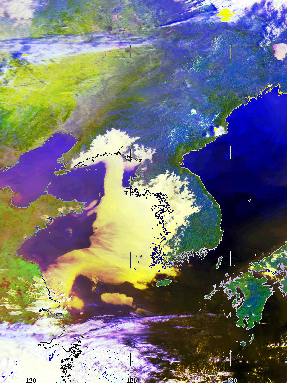 전국 곳곳에서 고농도의 미세먼지가 관측된 25일 미국 국립해양대기국(NOAA)이 이날 오전 8시 29분 촬영한 위성 사진에 한반도를 뒤덮은 미세먼지가 고스란히 찍혀 있다. 고려대기환경연구소 제공