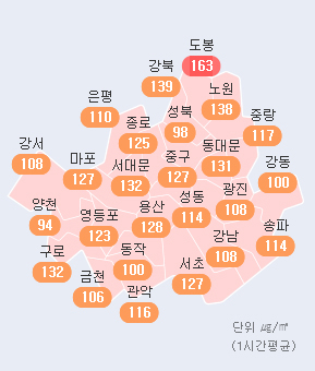 26일 오전 7시 기준 서울 각 구 미세먼지 수준. 케이웨더