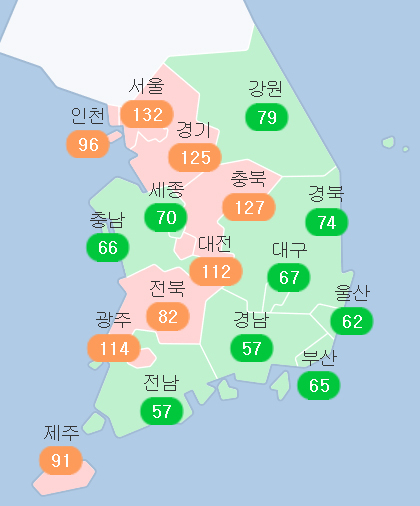 26일 오전 11시 기준 전국 미세먼지 현황. 케이웨더
