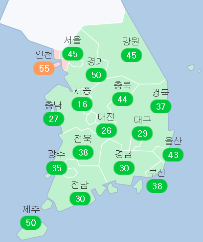 26일 오후 4시 기준 전국 초미세먼지 현황. 케이웨더