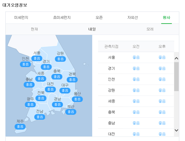 27일 오후 5시 기준 네이버 대기오염정보의 내일(28일) 황사 예보. 전국이 \\\\