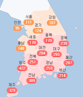 15일 오후 1시 기준 대구와 경북 미세먼지 농도가 전국 상위권 수준으로 \