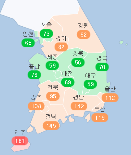17일 오후 5시 기준 제주도 전체 미세먼지 농도는 161㎍/㎥로 