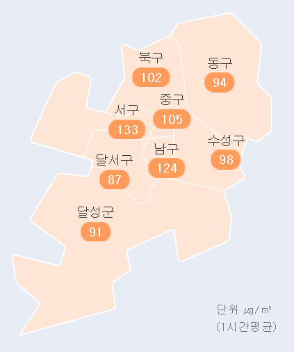 20일 오전 10시 기준 대구 미세먼지 현황. 에어코리아