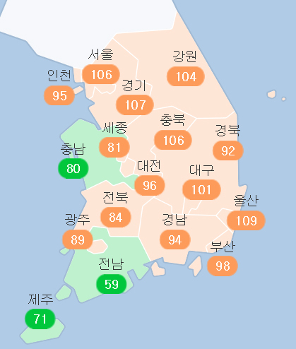 20일 오전 10시 기준 전국 미세먼지 현황. 에어코리아
