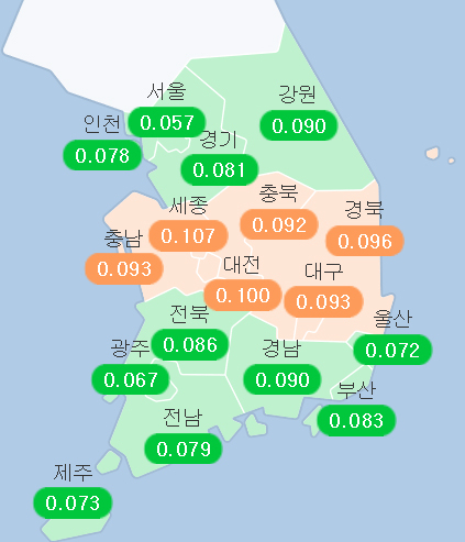 20일 오후 2시 전국 오존 현황. 에어코리아