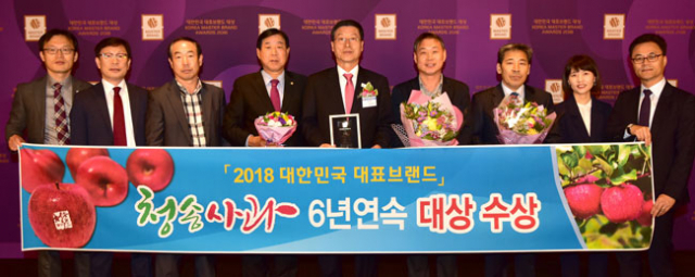 청송사과가 24일 서울 신라호텔에서 열린 대한민국 대표브랜드대상 시상식에서 사과 부문 대상을 받았다. 청송사과는 이로써 이 부문 대상을 6년 연속 수상하는 대기록을 남겼다. 청송군 제공