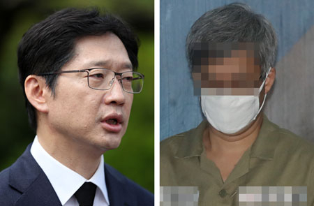 김경수 더불어민주당 경남도지사 예비후보가 18일 오전 부산 중구 민주공원에서 참배를 마치고 취재진의 질문에 답하고 있다. 오른쪽 사진은 네이버 댓글 여론조작 혐의를 받는 파워블로거 