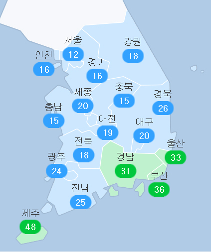 21일 오전 11시 기준 전국 미세먼지 현황. 에어코리아
