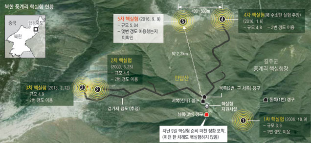 북한, 우리측 풍계리 취재진 명단 수용. 풍계리 핵실험 현황 지도. 연합뉴스