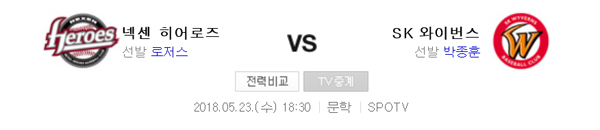 23일 오후 6시 30분부터 진행될 예정인 넥센 히어로즈 대 SK 와이번스 인천 문학경기. 네이버