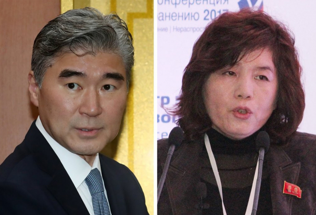 성김 주필리핀 미국대사와 최선희 北 외무성 부상. 연합뉴스