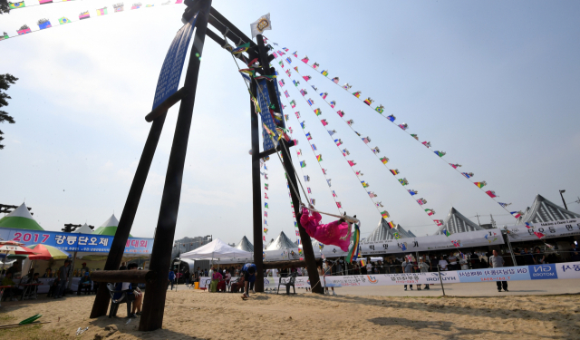 강릉단오제는 단옷날을 전후하여 펼쳐지는 축제로 전통 음악과 민요 오독떼기, 관노가면극(官奴假面劇), 시 낭송 및 다양한 민속놀이가 개최된다. 사진은 전통 그네타기 경연대회. 강원일보 권태명 기자