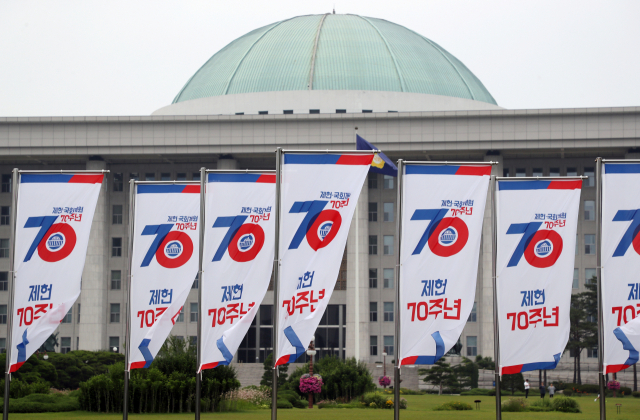 제헌절을 한 달 앞둔 17일 국회의사당 앞에 제헌 70주년을 기념하는 깃발이 펄럭이고 있다. 연합뉴스