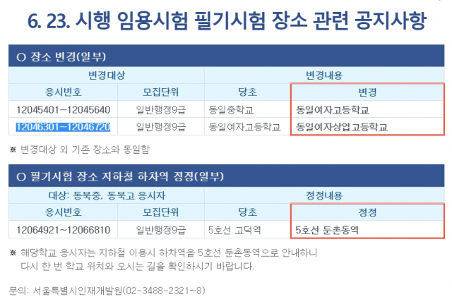 현재 서울특별시 공무원 인터넷 원서접수 웹사이트에 접속하면 일부 응시자에 한해 필기시험 장소가 변경됐음을 알리는 공지가 뜬다. 서울특별시 공무원 인터넷 원서접수 웹사이트
