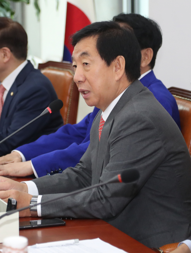 자유한국당 김성태 당 대표 권한대행이 29일 오전 국회에서 열린 원내대책회의에서 발언하고 있다. 연합뉴스