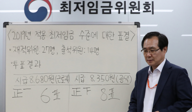 14일 오전 정부세종청사 고용노동부에서 열린 최저임금위원회 전원회의에서 내년도 최저임금이 확정돼 류장수 위원장이 브리핑을 위해 회의장으로 들어서고 있다. 연합뉴스