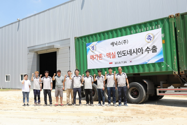 애닉스㈜ 직원들이 인도네시아 수출물량을 선적한후 파이팅을 외치고 있다. 영주시 제공
