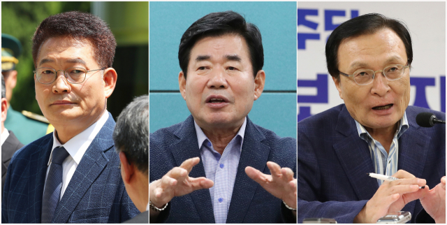 예비경선을 통과한 더불어민주당 당대표 후보인 송영길(왼쪽부터 기호순)·김진표·이해찬 후보가 휴일인 29일 현충원 참배 등 국회에서 기자간담회를 열고 본선에 임하는 각오와 함께 당 운영 비전 등을 밝혔다. 연합뉴스